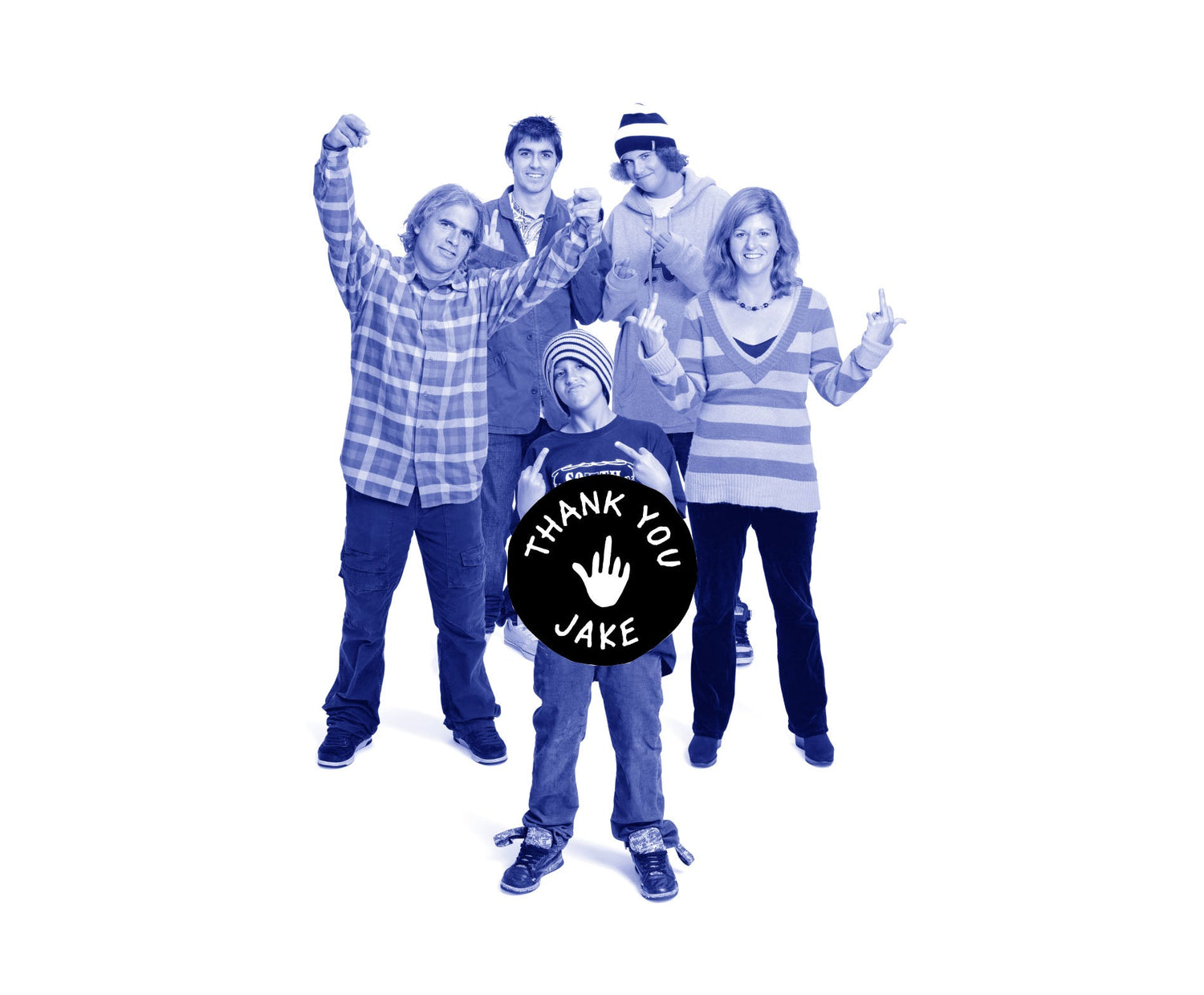 The Carpenter Family, Jake, Donna, George, Taylor and Timi throw up middle fingers