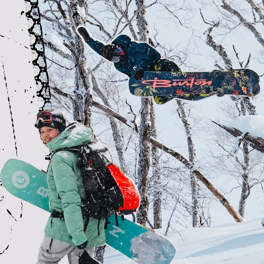 Snowboarder jumping in snowy trees with another rider – Online Rental