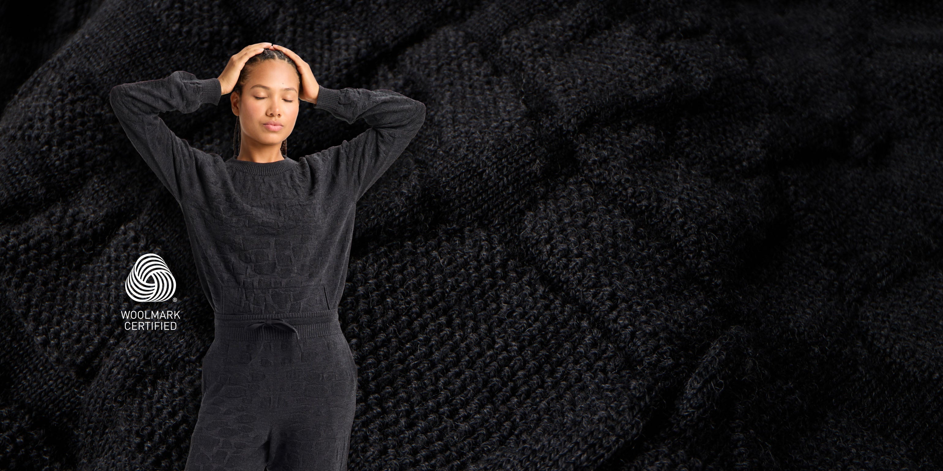 model in merino knit layers overlaying a close up of the fabric