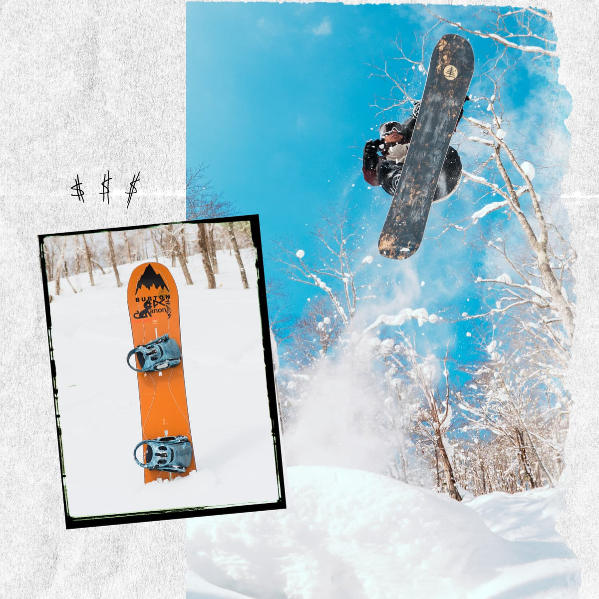 A collage-style product presentation featuring an orange snowboard with black graphics and bindings, shown alongside a snowboarder mid-air performing a jump in a snowy outdoor setting with bare trees and bright blue sky.