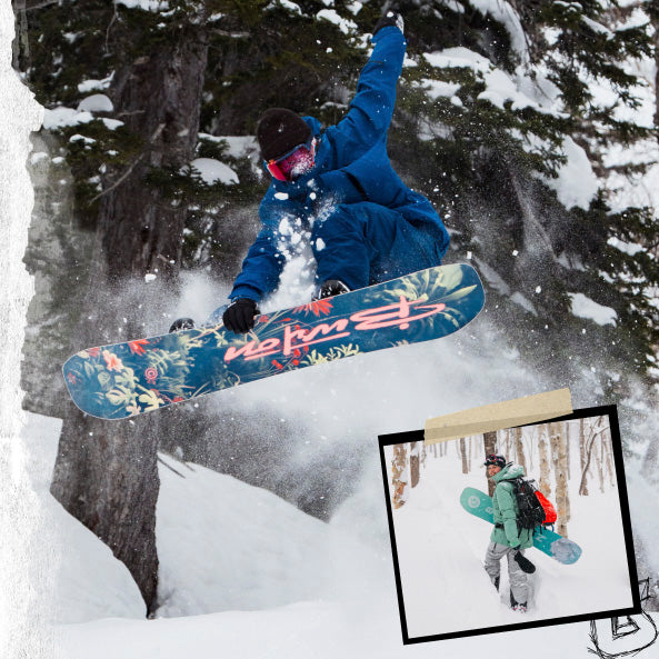 Collage of a snowboarder catching air in the trees and a rider hiking through powder