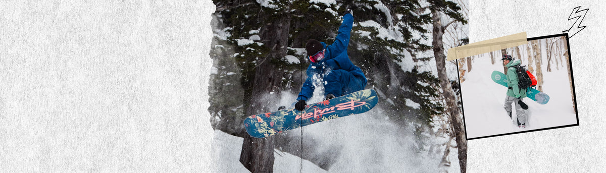 Collage of a snowboarder grabbing air amid trees in deep powder, paired with a rider hiking through the snow with their board