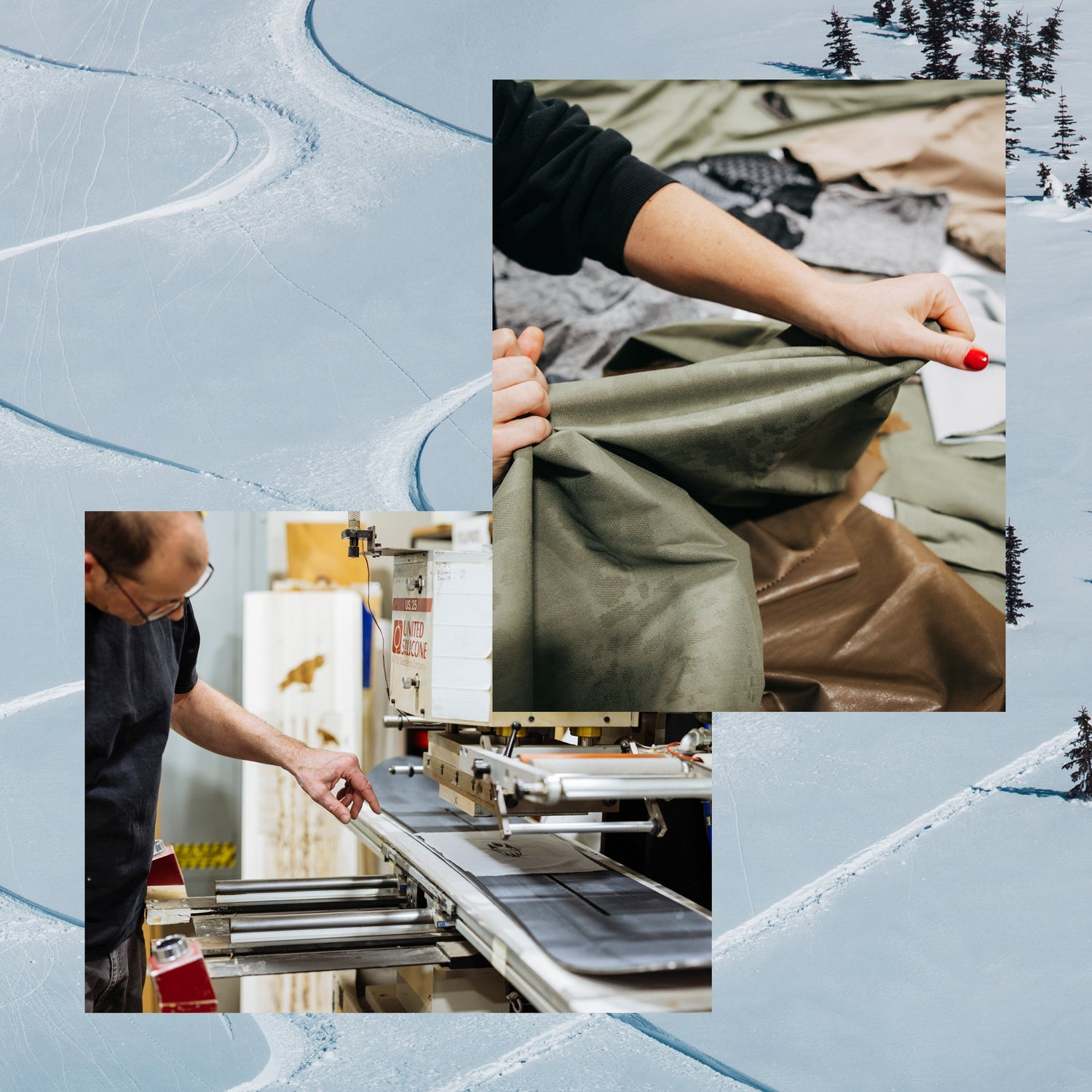 Photo collage of board production and softgoods product development