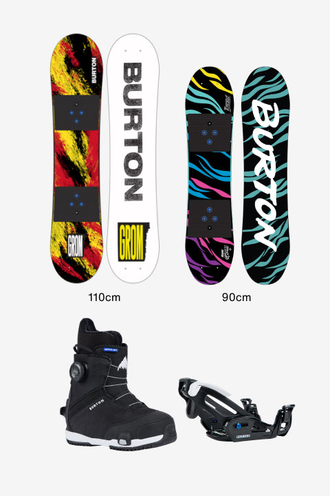 Burton snowboard and bindings set shown on a light gray background, including two Burton boards (110cm and 90cm) and a black Burton snowboard boot with bindings displayed below.
