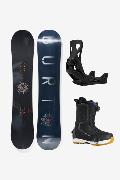 A Burton snowboard and bindings set shown on a light gray background, including two snowboard views (top and base) and two black bindings.