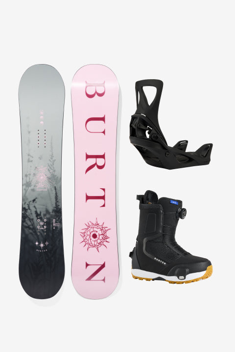 A Burton snowboard and binding set on a light gray background, featuring a snowboard with a dark gray to black forest graphic on one side and a light pink side with large pink BURTON lettering and a sunburst logo, alongside two black bindings and a black snowboard boot with a yellow sole.