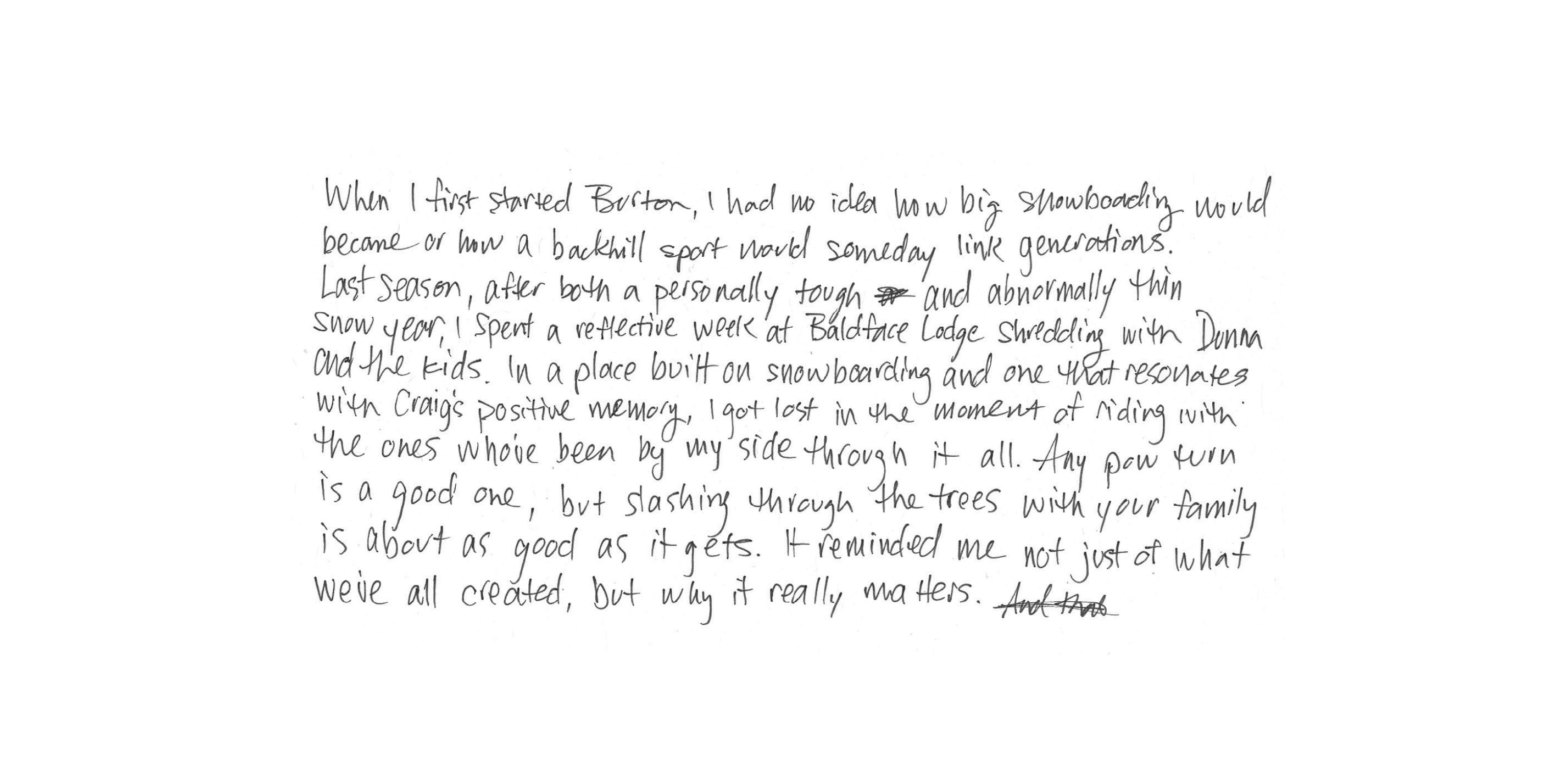 Handwritten words by Jake Burton Carpenter reflecting on how snowboarding connects generations through shared experience