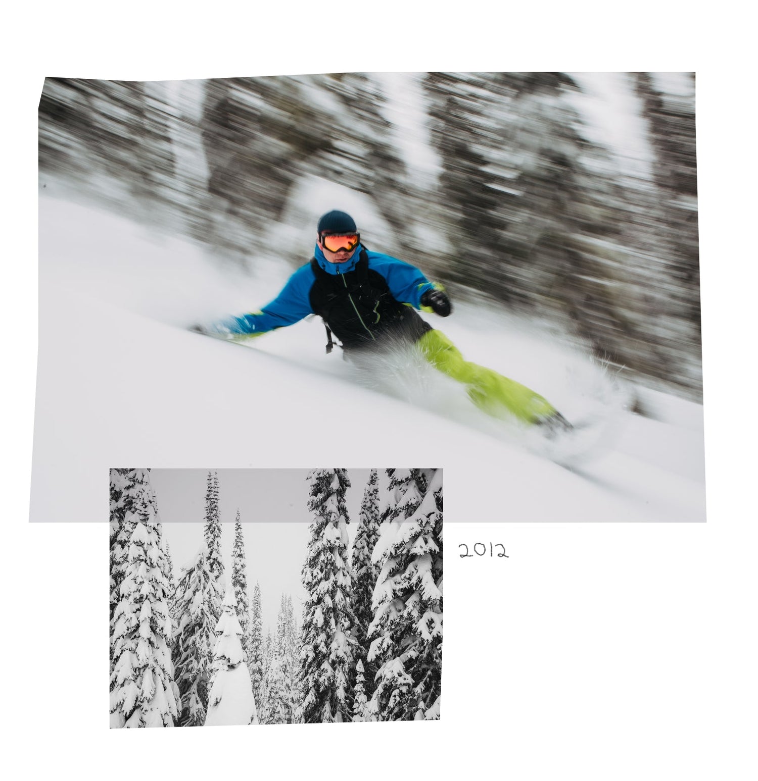 Photo collage of Jake Burton Carpenter riding powder in 2012