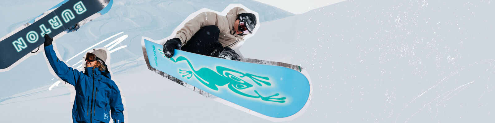 Two snowboarders on a snowy mountain. One person in a blue jacket holds up a Burton snowboard, while another snowboarder in a beige jacket and helmet jumps in mid-air with a light blue Burton snowboard featuring a teal graphic.
