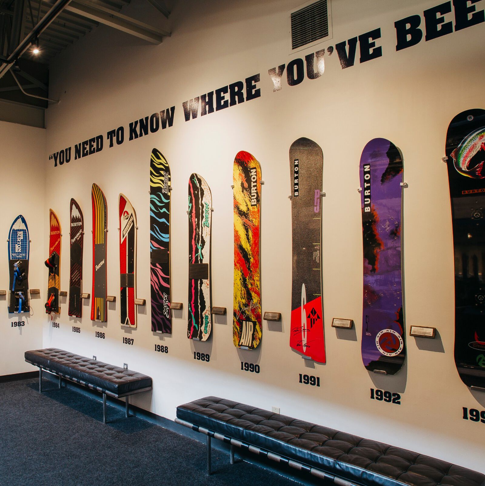 Historical snowboard wall at Burton HQ