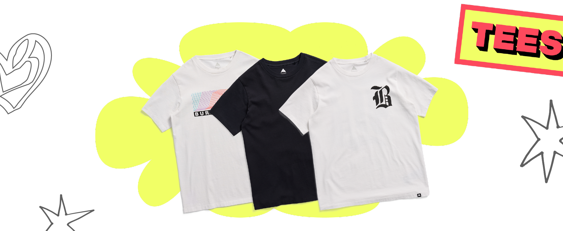 Three t-shirts in black, white, and multicolor on a yellow background with 'TEES' branding.